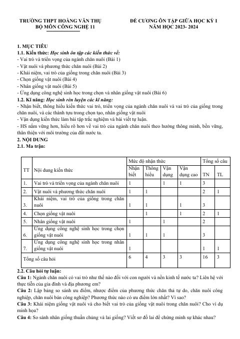 Đề cương ôn tập Giữa kì 1 Công nghệ Nông nghiệp 11 năm 2023–2024 trường THPT Hoàng Văn Thụ (Hà Nội)